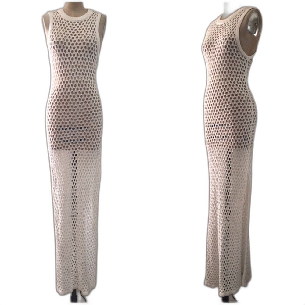 LNA Clothing Cream Open Knit Crochet Sleeveless Sheer Long Maxi Dress XS - Picture 2 of 7